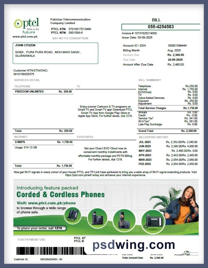 Pakistan PTCL Utility Bill